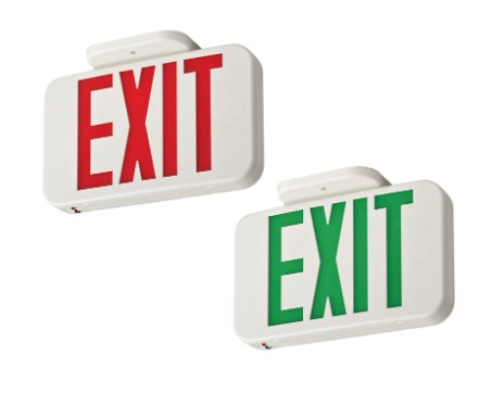 red / green switchable exit 
sign white housing, battery 
back up